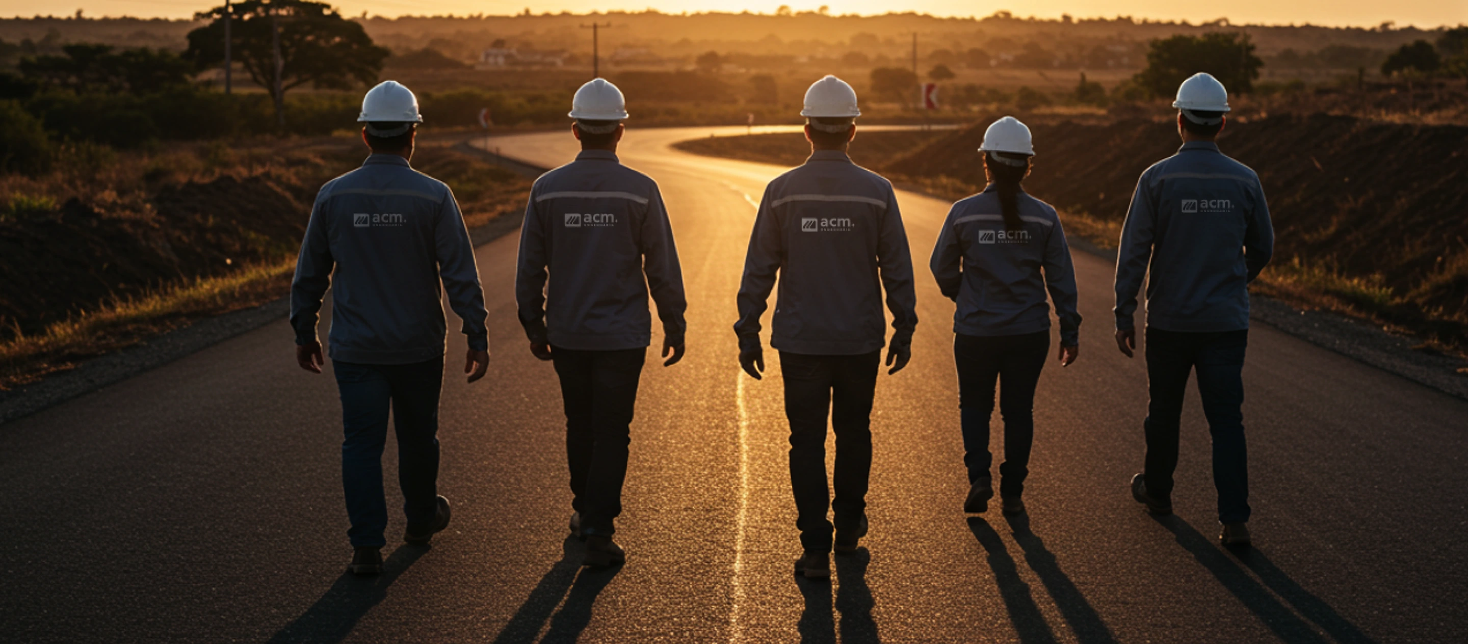 Profissionais da ACM+ caminhando em uma rodovia ao pôr do sol usando capacetes e uniformes da empresa.